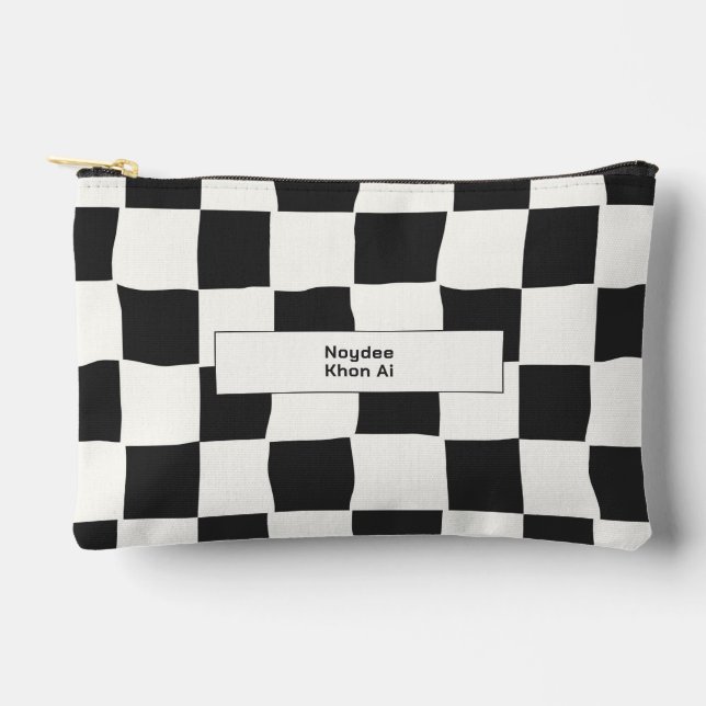 Elegant Timeless Name Black and White Check Accessory Pouch (Front)