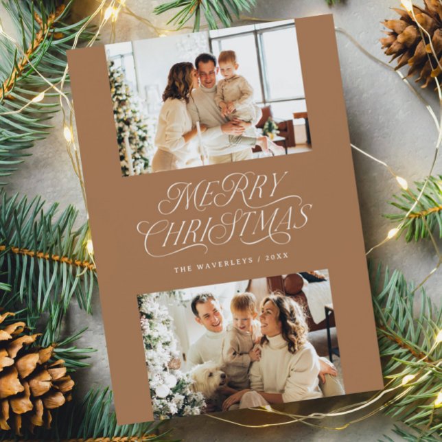 Elegant Timeless Neutral Merry Christmas Photo Holiday Card (Merry Christmas card with elegant, timeless design and gold background)
