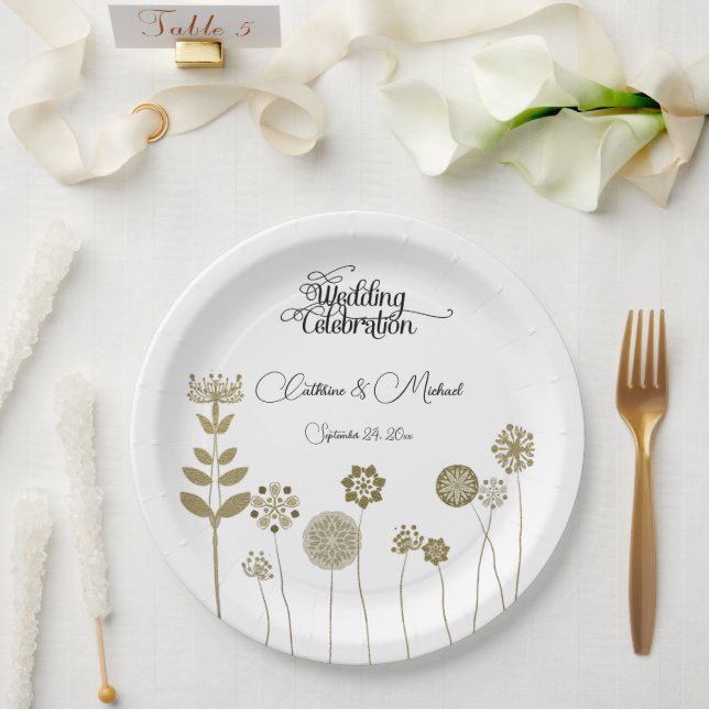 Elegant Timeless Soft Gold Floral Minimalism Paper Paper Plate (Wedding)