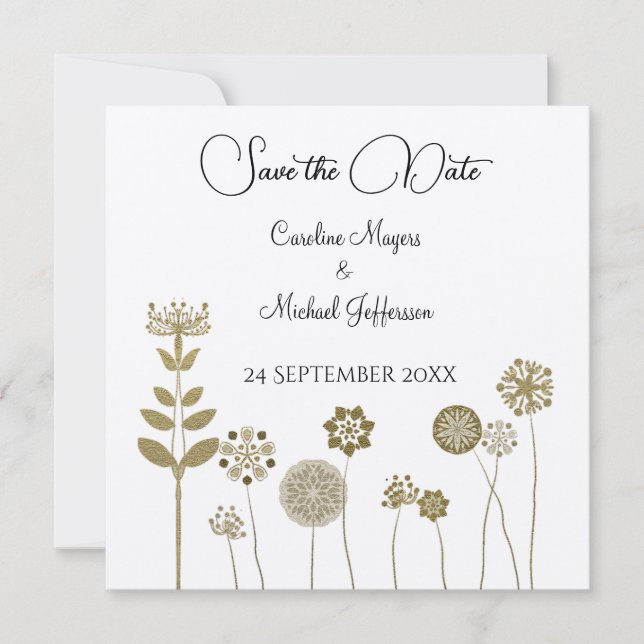 Elegant Timeless Soft Gold Floral Minimalism Save The Date (Front)