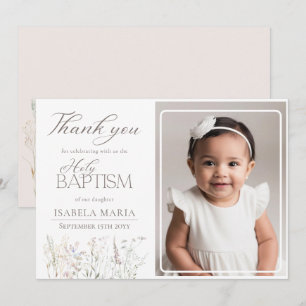 Elegant Tiny Wildflowers baptism photo Thank You Card