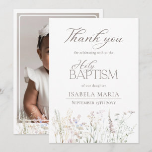 Elegant Tiny Wildflowers Baptism Photo Thank You Card