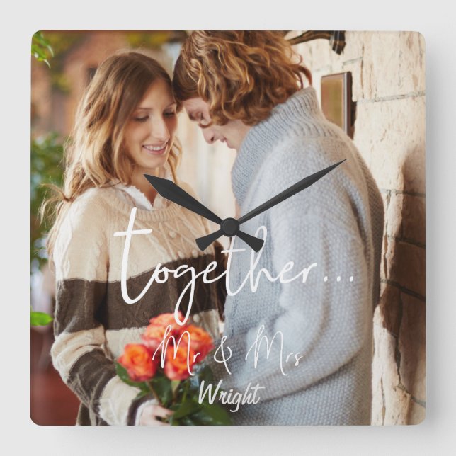 Elegant Together Mr & Mrs Photo Personalised Square Wall Clock (Front)