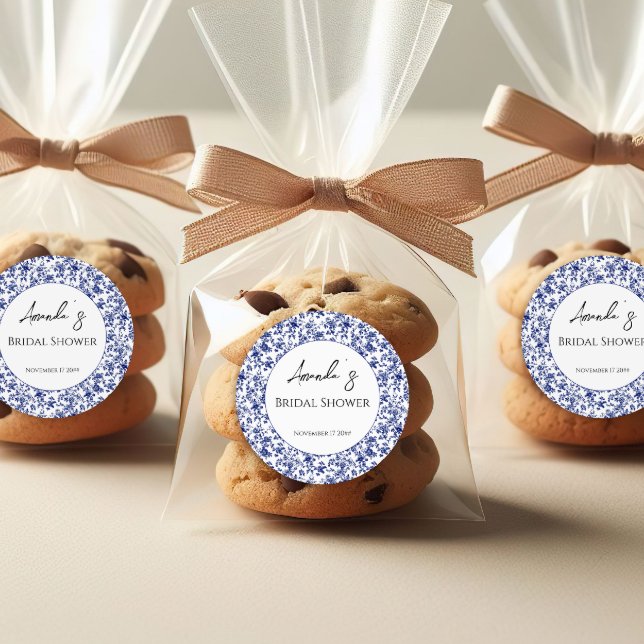 Elegant Toile Blue Floral Bridal Shower Classic Round Sticker (Creator Uploaded)