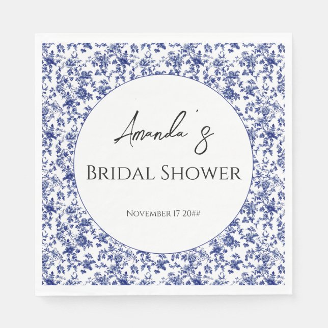 Elegant Toile Blue Floral Bridal Shower Napkin (Front)