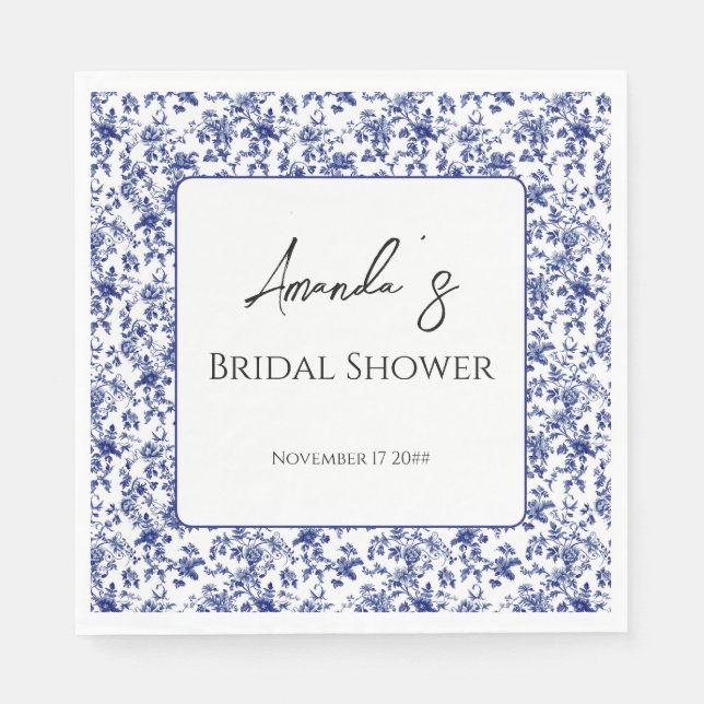 Elegant Toile Blue Floral Bridal Shower Napkin (Front)