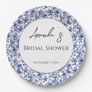Elegant Toile Blue Floral Bridal Shower Paper Plate