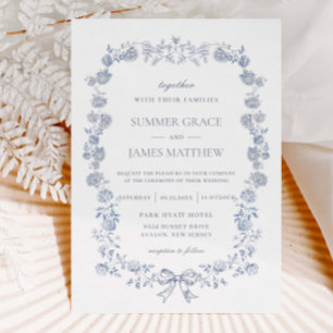 Elegant Toile Chinoiserie Blue Floral Wedding Invitation