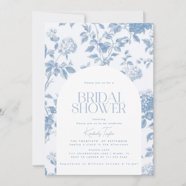 Elegant Toile De Jouy Blue Hydrangea Bridal Shower Invitation (Front)