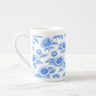 Elegant Toile du Jouy Sunflowers – Blue Botanical Bone China Mug