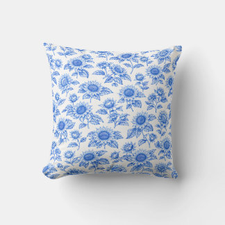 Elegant Toile du Jouy Sunflowers – Blue Botanical Cushion