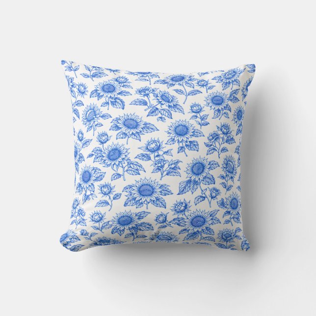Elegant Toile du Jouy Sunflowers – Blue Botanical  Cushion (Front)
