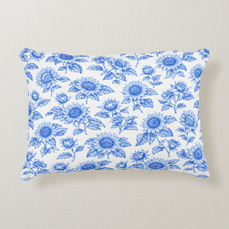 Elegant Toile du Jouy Sunflowers – Blue Botanical Decorative Cushion