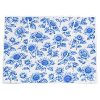 Elegant Toile du Jouy Sunflowers – Blue Botanical Large Gift Bag