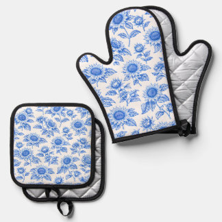 Elegant Toile du Jouy Sunflowers – Blue Botanical Oven Mitt & Pot Holder Set