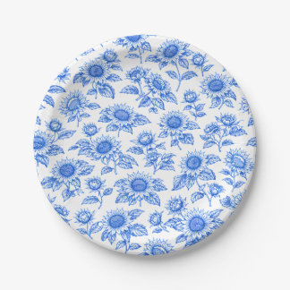 Elegant Toile du Jouy Sunflowers – Blue Botanical Paper Plate