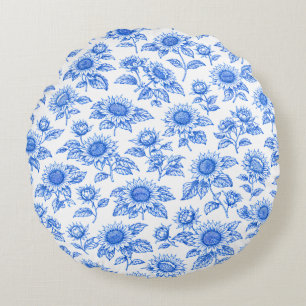Elegant Toile du Jouy Sunflowers – Blue Botanical Round Cushion