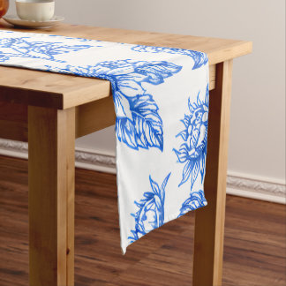 Elegant Toile du Jouy Sunflowers – Blue Botanical Short Table Runner
