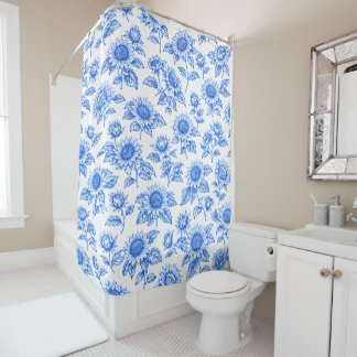 Elegant Toile du Jouy Sunflowers – Blue Botanical Shower Curtain
