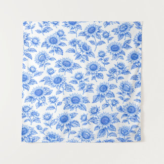 Elegant Toile du Jouy Sunflowers – Blue Botanical  Tapestry