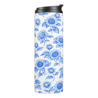 Elegant Toile du Jouy Sunflowers – Blue Botanical Thermal Tumbler