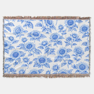 Elegant Toile du Jouy Sunflowers – Blue Botanical  Throw Blanket