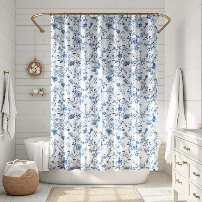 Elegant Toile Floral Pattern Blue and White Shower Curtain (Elegant toile de jouy blue and white botanical pattern - a touch of class for your bathroom!)