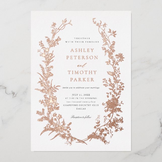 Elegant Toile Floral Wreath Wedding Rose Gold (Front)