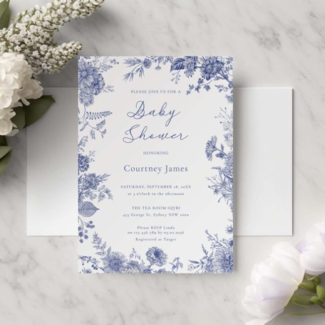 Elegant Toile French Blue Floral Baby Shower Invitation (Creator Uploaded)