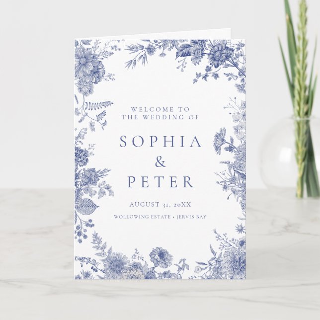 Elegant Toile French Blue Floral Ceremony Program Thank You Card (Front)