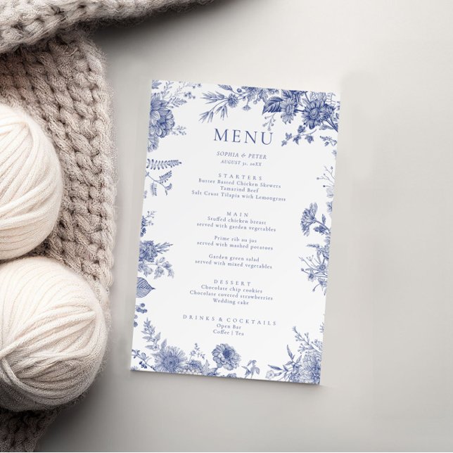 Elegant Toile French Blue Floral Menu Card (Creator Uploaded)