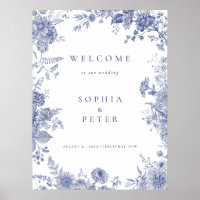 Elegant Toile French Blue Floral Welcome Sign