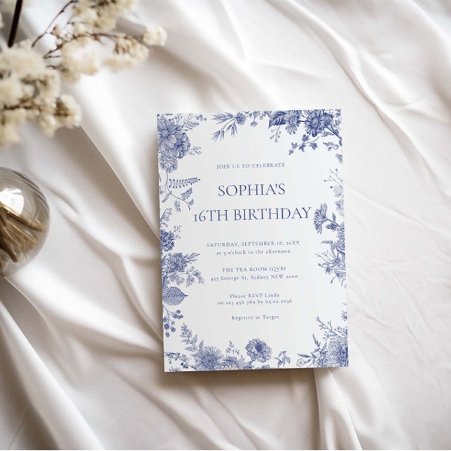 Elegant Toile French Blue toile 16th birthday Invitation (Creator Uploaded)
