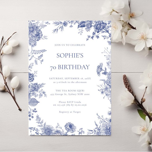 Elegant Toile French Blue toile 70th birthday Invitation (Creator Uploaded)