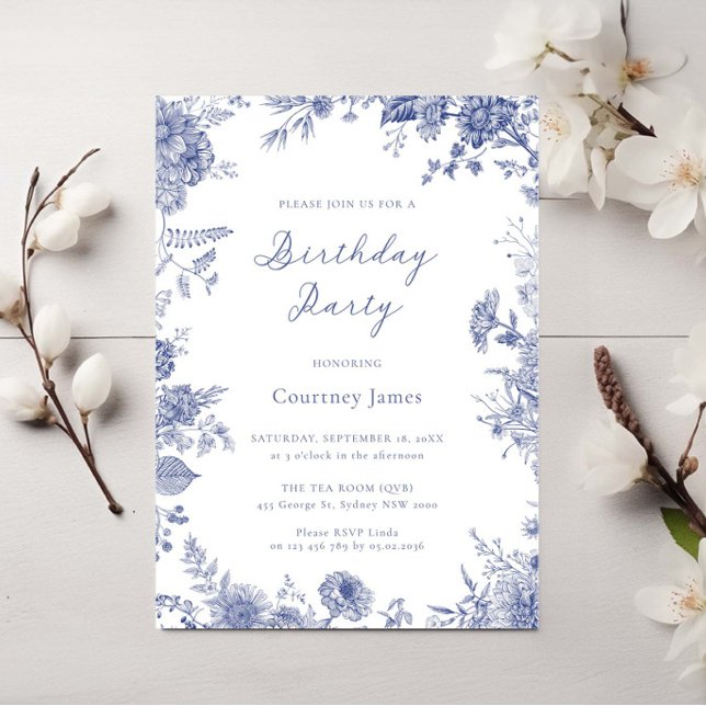 Elegant Toile French Blue toile birthday party Invitation (Creator Uploaded)