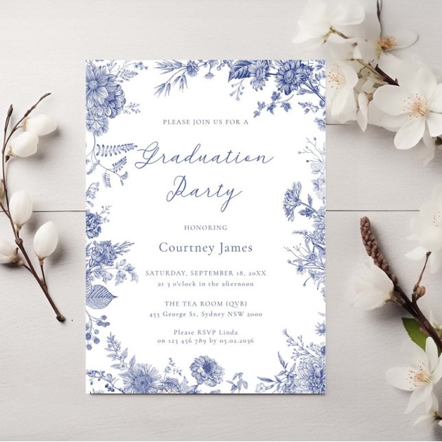 Elegant Toile French Blue toile graduation party Invitation (Creator Uploaded)