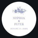 Elegant Toile French Blue Wedding Favour Sticker<br><div class="desc">Designed to coordinate with our Toile French Blue Garden collection,  this customisable thank you sticker features a french country style floral in toile blue. For more advanced customisation of this design,  e.g. changing layout,  font or text size please click the "CUSTOMIZE" button above. Please contact me for any questions!</div>