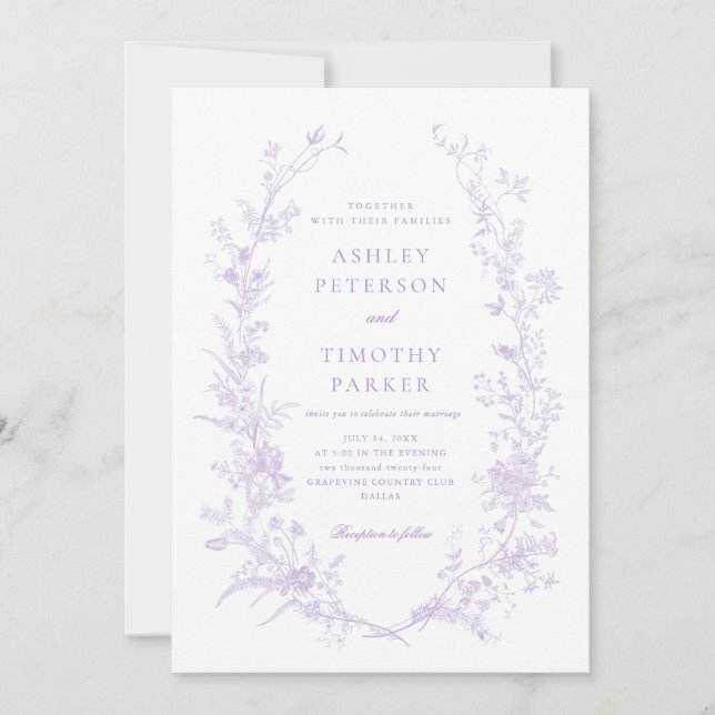 Elegant Toile French Lavender Floral Wedding Invitation (Front)