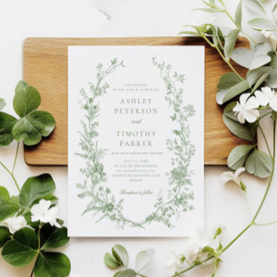 Elegant Toile French Sage Green Floral Wedding Invitation