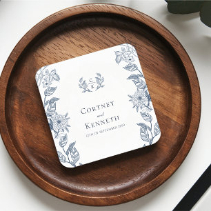 Elegant Toile French Sketch Wedding Dusty Blue Square Paper Coaster