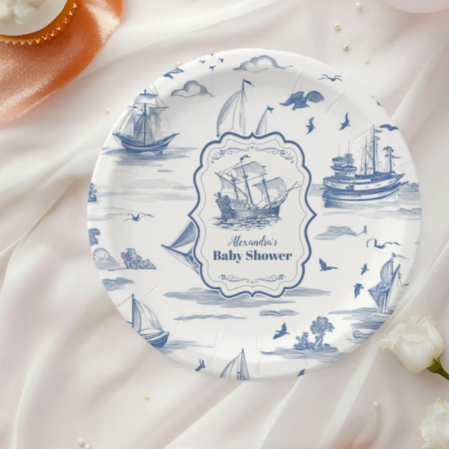 Elegant Toile Nautical Baby Shower Paper Plate (Creator Uploaded)