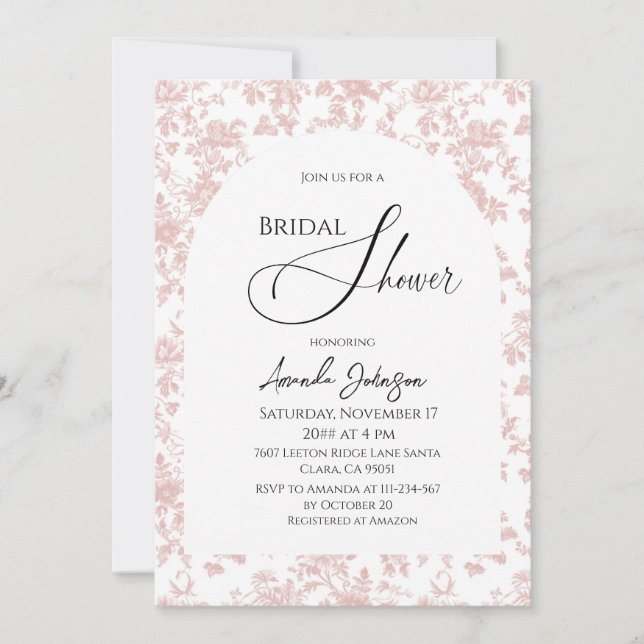 Elegant Toile Pink Floral Bridal Shower Invitation (Front)