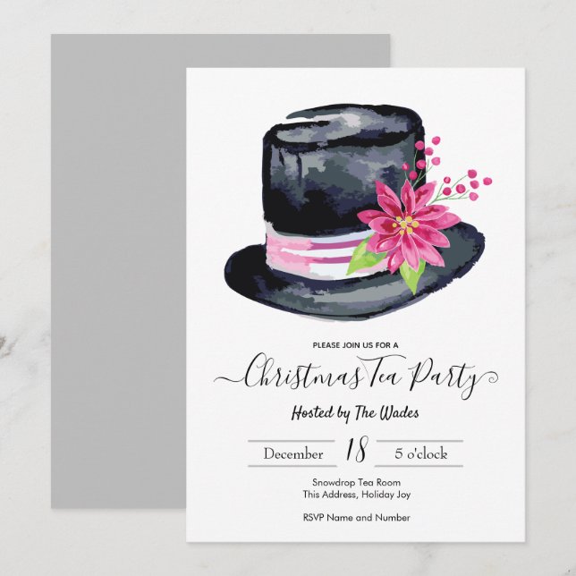 Elegant Top Hat and Poinsettia Christmas Tea Party Invitation (Front/Back)