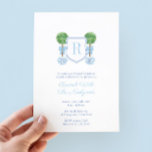 Elegant Topiary Monogram NewlyWeds Brunch Party Invitation<br><div class="desc">Blue and white ginger jar vase filled with bold sunflowers against blue and white florals and a "Greek Key" pattern backer. I've set the template up for a Newlyweds Brunch but all of the text fields are customisable to your needs. On the reverse, you can change the contrast colour (shown...</div>