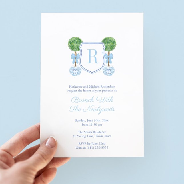 Elegant Topiary Monogram NewlyWeds Brunch Party Invitation (Sophisticated monogram newlyweds brunch invitation with boxwood topiary and powder blue bow)