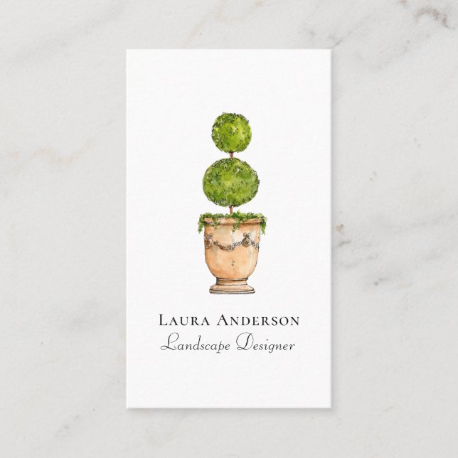 Elegant topiary watercolor Landscaping Business Card (Front)