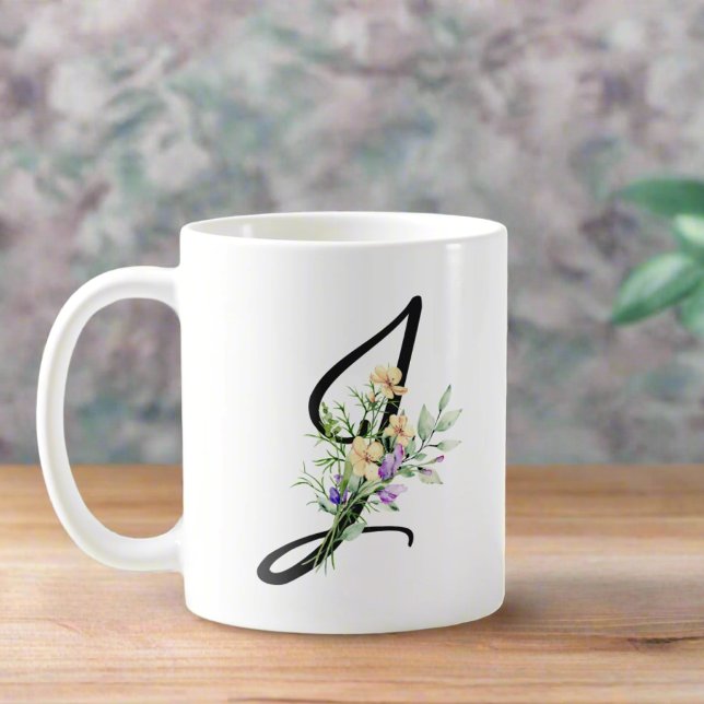 Elegant Topography Letter "J" Watercolor Flowers Coffee Mug (Creator Uploaded)
