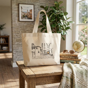 Elegant Tote Bag with Hand-Drawn Old City