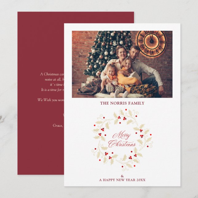 Elegant Traditional Christmas Holly Wreath  Holiday Card (Front/Back)