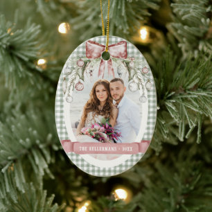 Elegant Traditional Gingham Photo Christmas Ceramic Tree Decoration